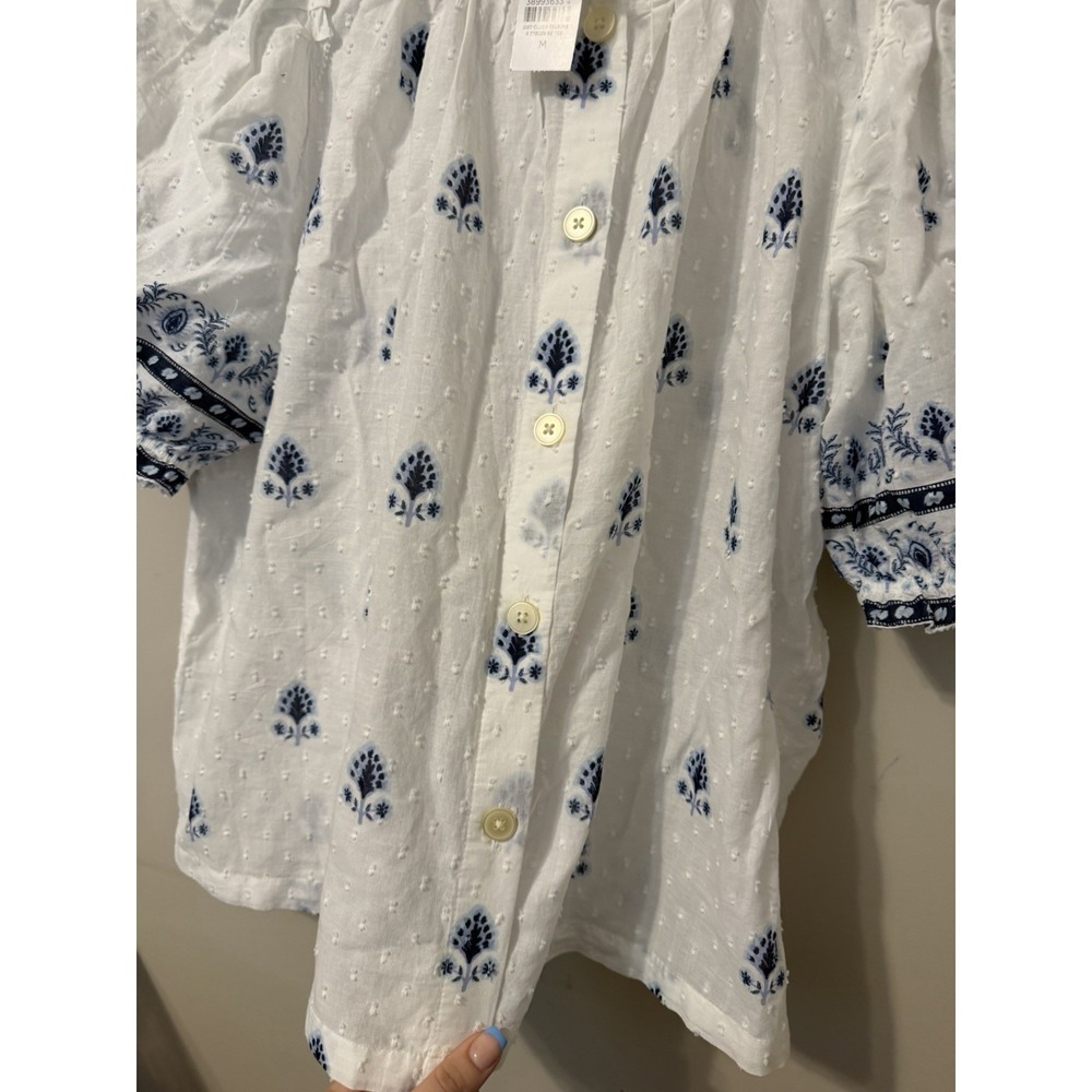 NWT LOFT Border Floral Clip Pleated Puff Sleeve Blouse Size Medium with Buttons - Picture 5 of 10